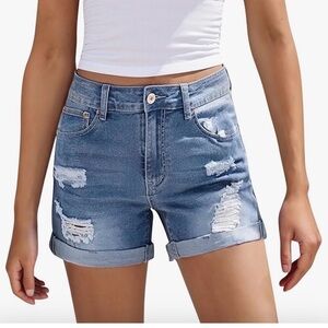 Metietila Denim Women's Shorts Mid Waisted Folded Hem Ripped Jean Stretchy M